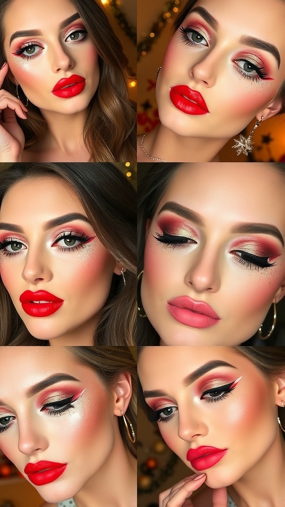 A collage of Christmas makeup looks with red lips, glittery eyes, and holiday-themed designs.